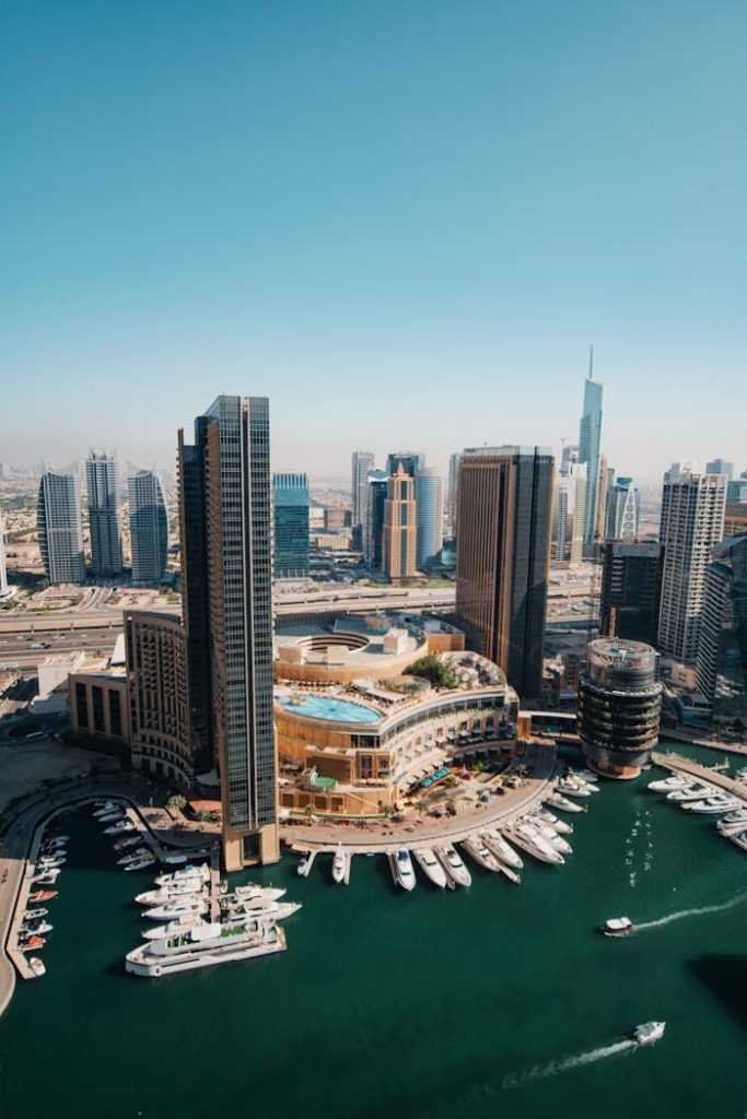 Captivating aerial view of Dubai Marina showcasing skyscrapers and an urban waterfront.